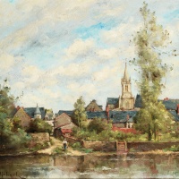 Paul-Désiré Trouillebert (French, 1831-1900), "Village au bord d’une rivière"